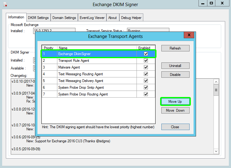 Exchange DKIM Signer configure transport agents